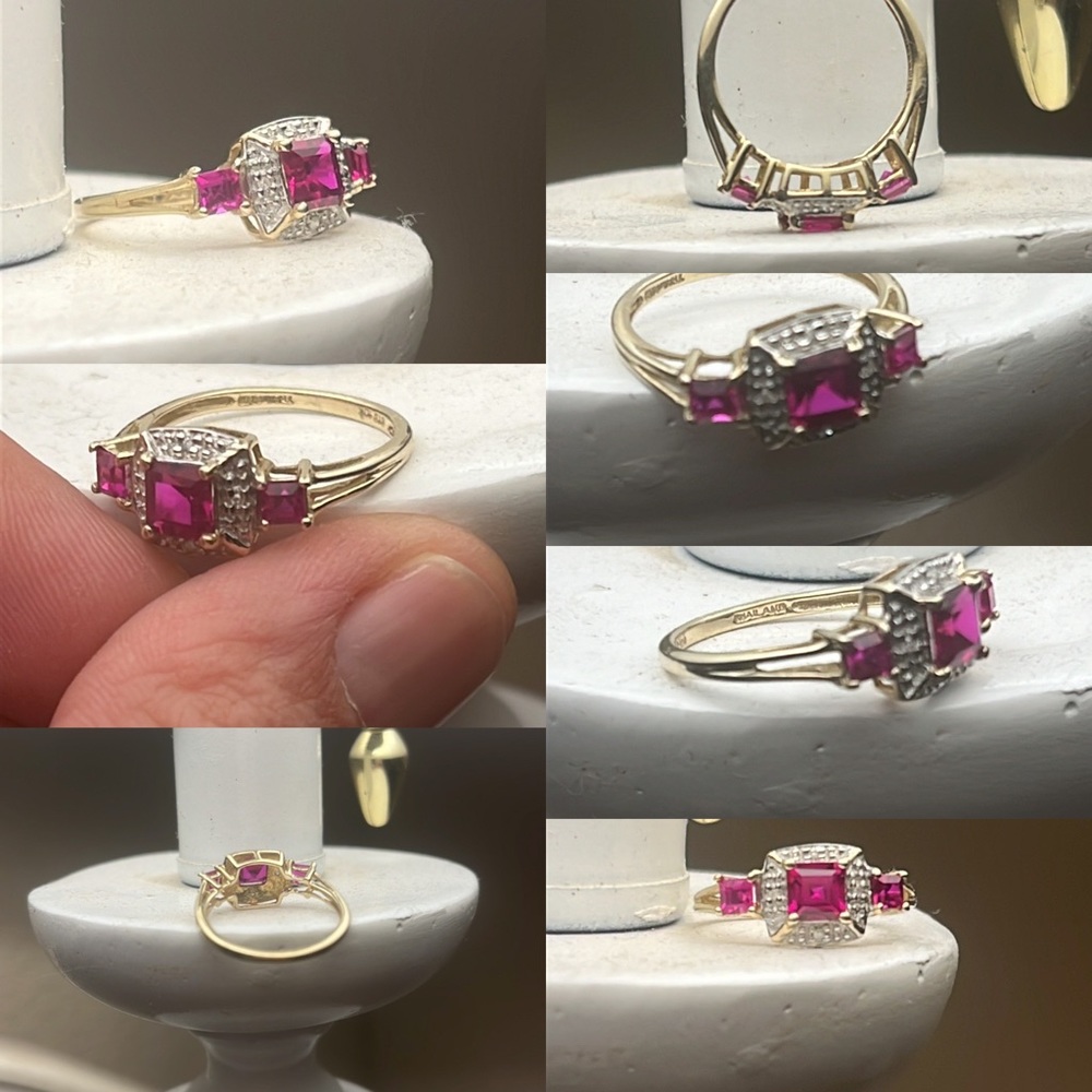 STS 1Ok Yellow Gold PRINCESS cut LAB CREATED RUBY & Diamond CHIP Ring